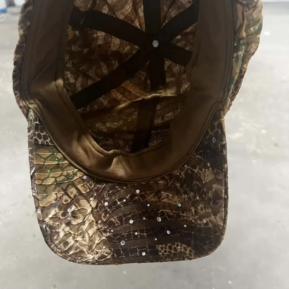 Python Skin Pattern Crinkle Baseball Cap with Rhinestone Embellishments